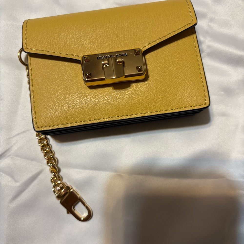 Michael Kors Mustard Leather Wristlet with Gold Chain